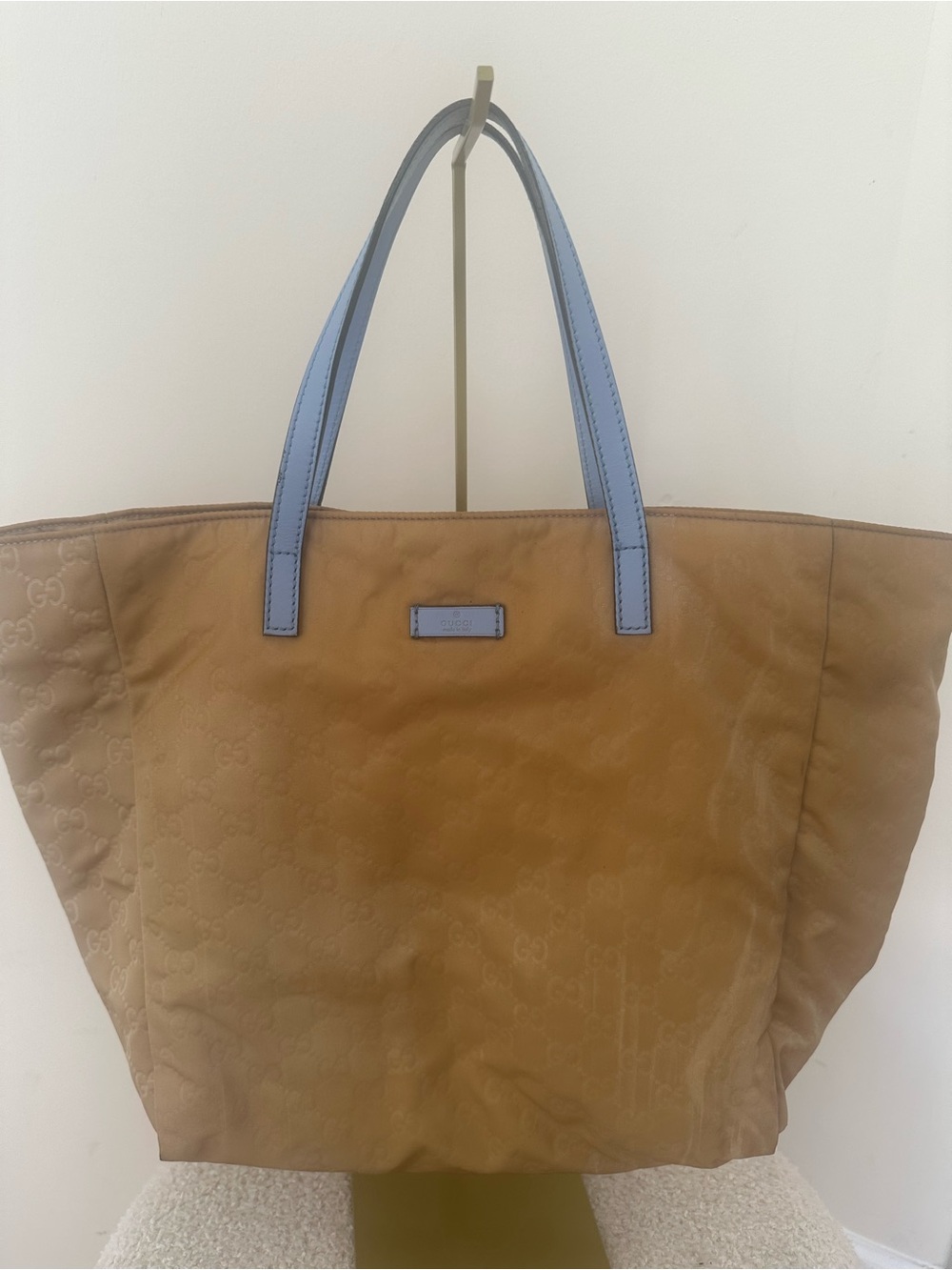 Gucci GG Nylon Monogram Tote Bag Beige with Light Blue Handles